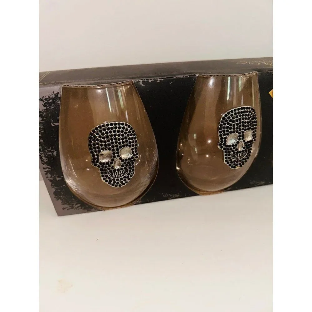 BX1 Spooky Night Halloween Black Rhinestone Skull Stemless Wine Glass Set Gothic